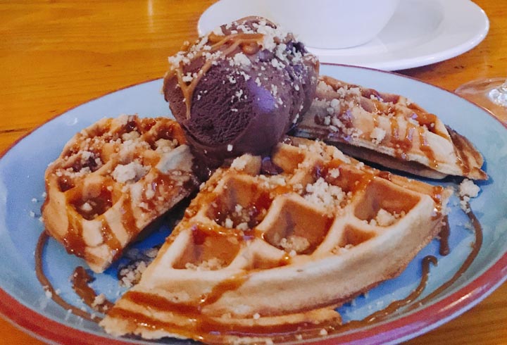 Waffle with Chocolate Gelato and Salted Caramel Sauce